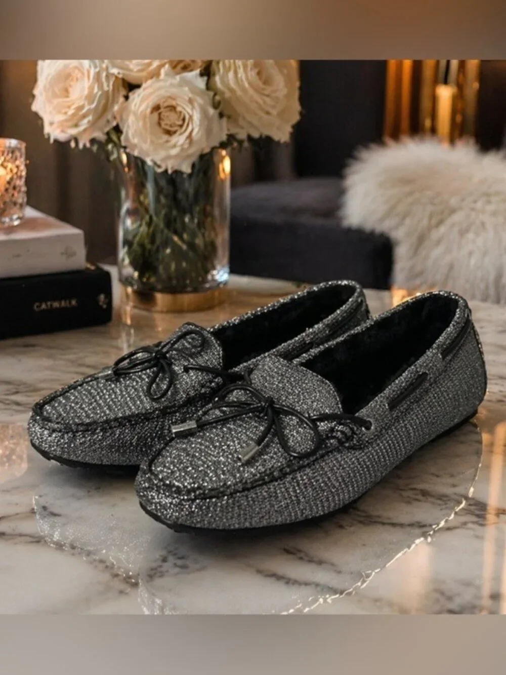 Michael Kors Sparkle Loafers Silver Metallic Ballet Flats Size 7.5 Y2K